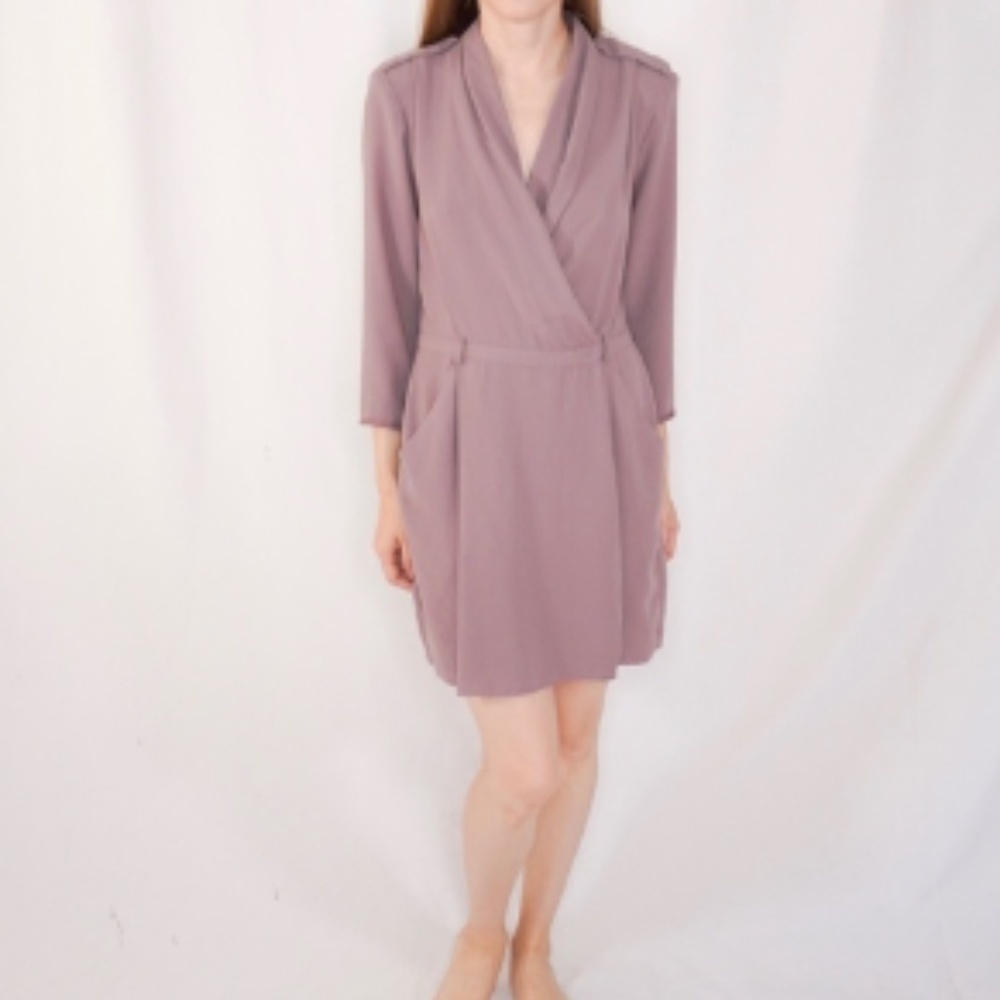 Wilfred Aritzia Dusty Mauve Franca Belted Draped V-Neck Wrap Mini Dress Size 0